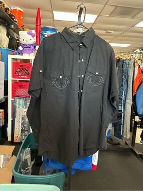 Men’s True Religion Black Short-Sleeve Button-Up Shirt Used SZ XXL